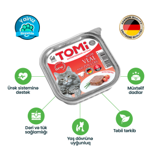 TOMi  влажный корм для кошек с телятиной и мясой птицы в паштете, 100 г