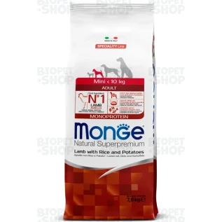 Monge Speciality Monoprotein Mini Adult Mono proteinli kiçik yetkin cins itlər üçün quru yem, quzu, düyü və kartof ilə, 7,5 kq