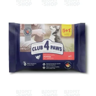 Club 4 Paws bütün cins bala itlər üçün nəm yem, sousda hind quşu,(5+1)x80 q