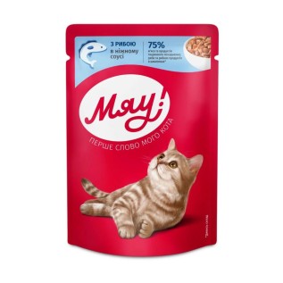 Мяу Влажный корм, для кошек, с рыбой в нежном соусе, 100 г