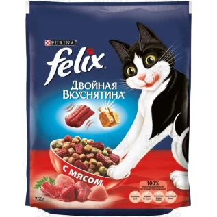 Purina Felix Двойная вкуснятина Сухой корм для взрослых кошек, с мясом, 200г