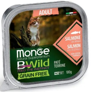 Monge BWild Grain Free Wet влажный беззерновой корм для кошек в форме паштета, с лососем и овощами, 100 г