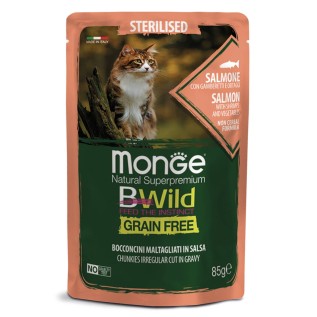 Monge BWild Sterilised Grain Free, qısırlaşdırılmış pişiklər üçün taxılsız nəm yem, qızılbalıq, krevet və tərəvəzlər ilə, 85 q