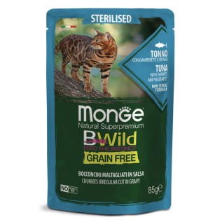 Monge BWild Sterilised Grain Free, qısırlaşdırılmış pişiklər üçün taxılsız nəm yem, tuna, krevet və tərəvəzlər ilə, 85 q