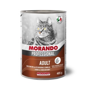 Morando Professional Canned Adult Cat Food yetkin pişiklər üçün tikəli konservləşdirilmiş nəm yem, dovşan və ov quşu ilə, 405 q