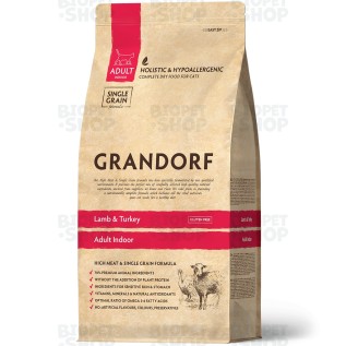 Grandorf Single Grain Indoor Evdə yaşayan yetkin pişik üçün quru yem, quzu və hind quşu əti ilə, 8 kg