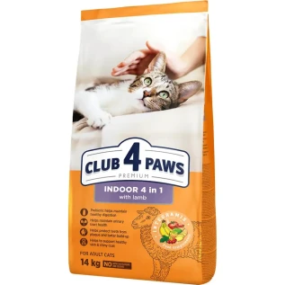 Club 4 Paws Indoor 4 in 1 сухой корм с ягненком для взрослых кошек, живущих в помещении, 14 кг